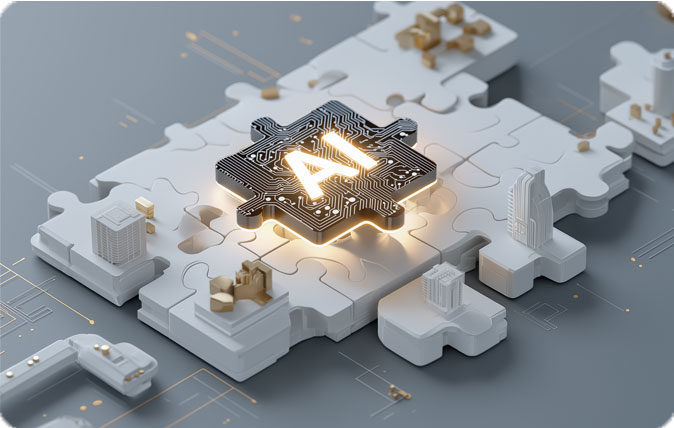 Εικονογράφηση ενός chip AI που συνδέει κομμάτια παζλ.