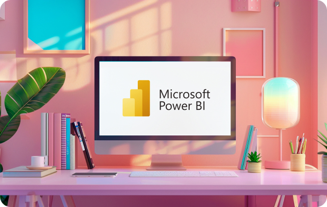Οθόνη υπολογιστή με το σήμα Microsoft Power BI σε πολύχρωμο γραφείο.