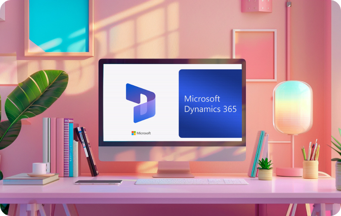 Οθόνη υπολογιστή με το σήμα Microsoft Dynamics 365 σε πολύχρωμο γραφείο.