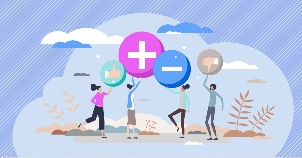 Vector showing people holding bubbles with their sentiment, positive or negative