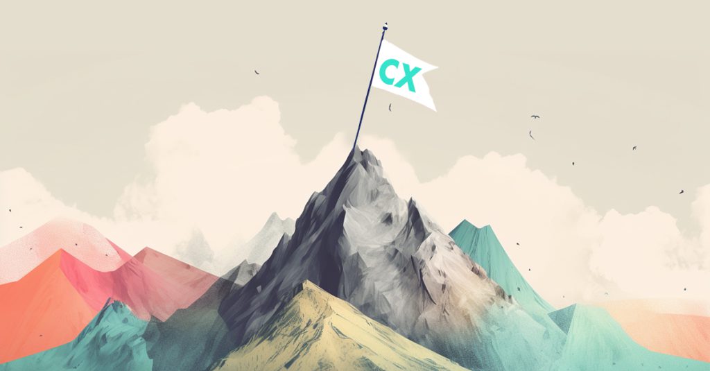 A mountain peak with flag that says CX