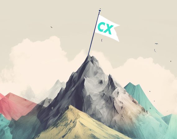 A mountain peak with flag that says CX