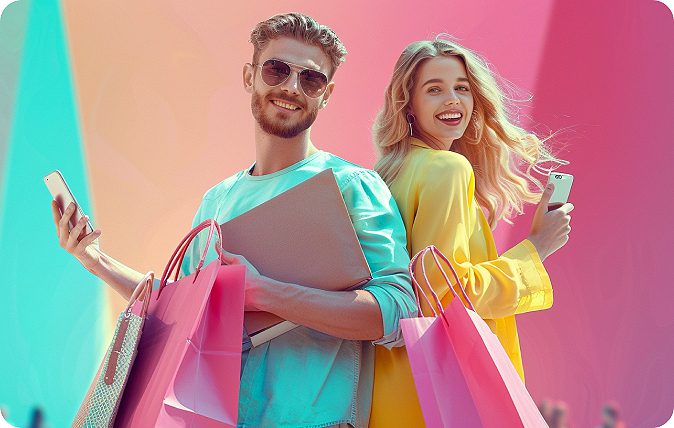 A smiling couple with shopping bags.